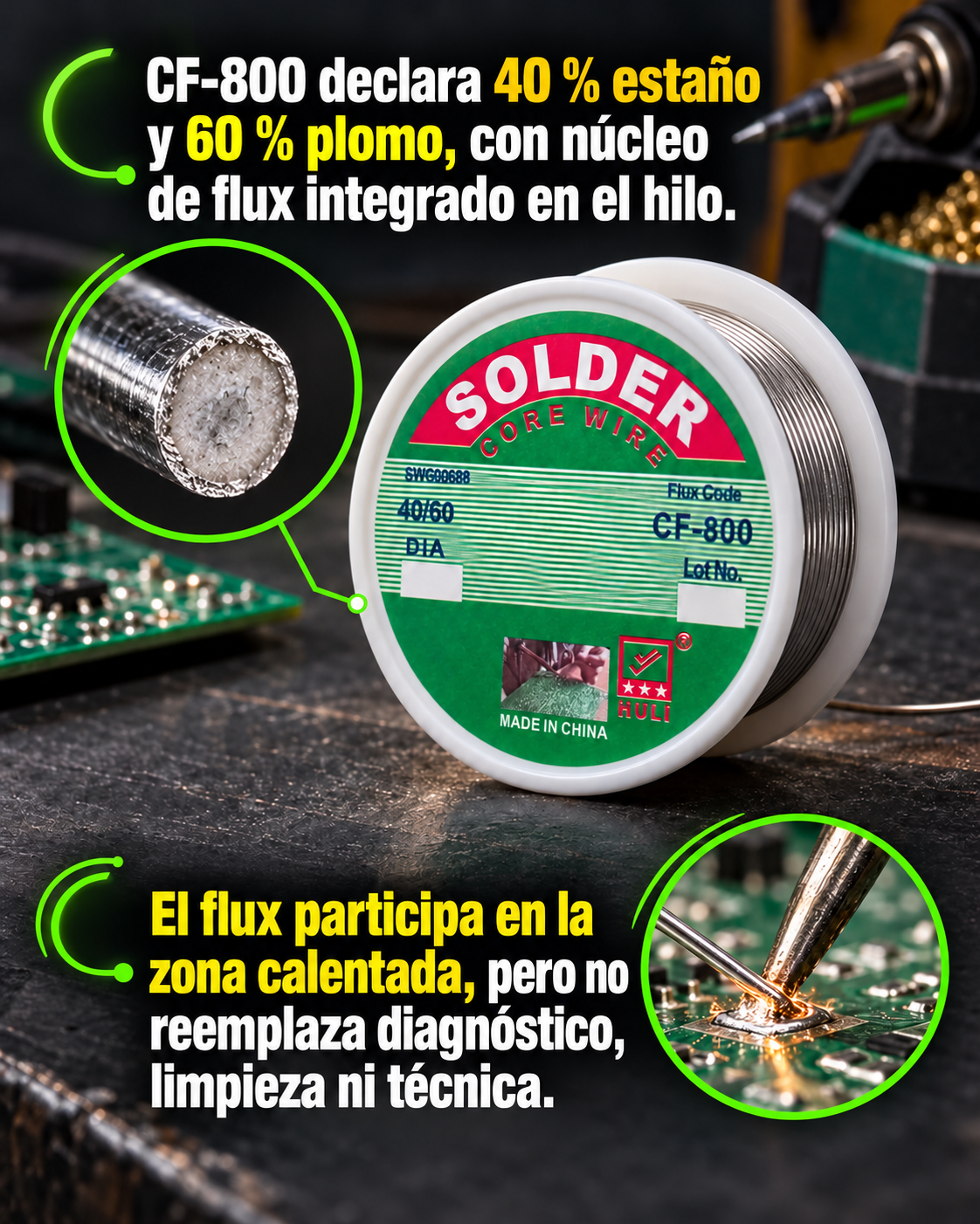 Rollo CF-800 junto a un cautín