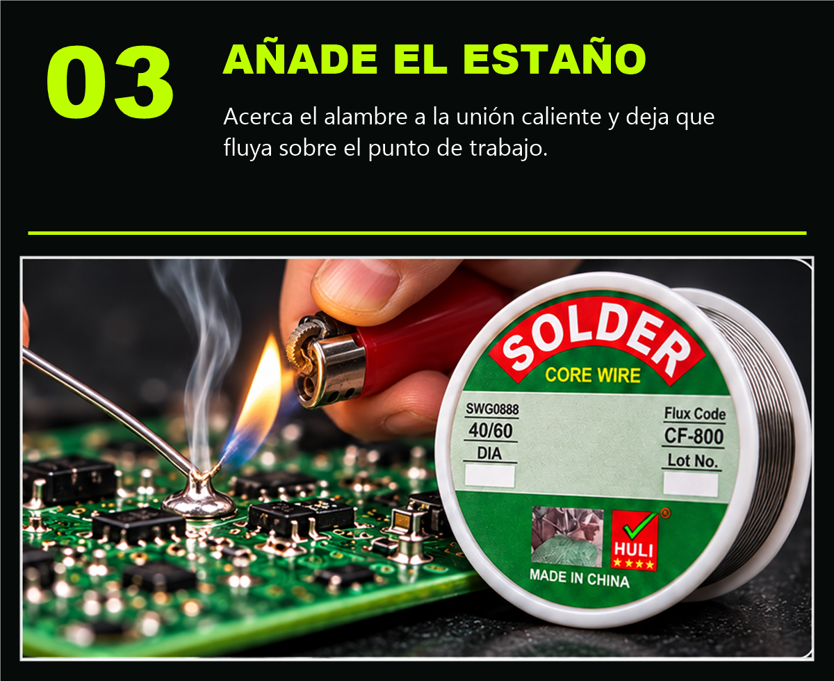 Paso 3: añade el estaño sobre el punto calentado con un encendedor casero